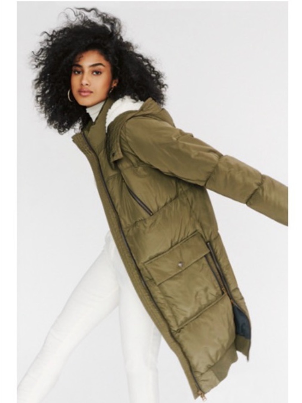 Free People Oslo Jacket- Olive Hooded Long Puffer Coat